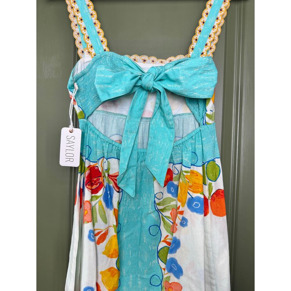 NWT Saylor Kerina Fruit + Floral Scarf Placement Print Bow Maxi Dress Blue Small - Picture 4 of 6